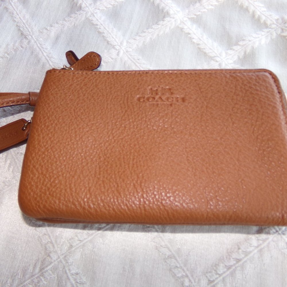 Coach Pebbled Leather Wristlet in Saddle Brown